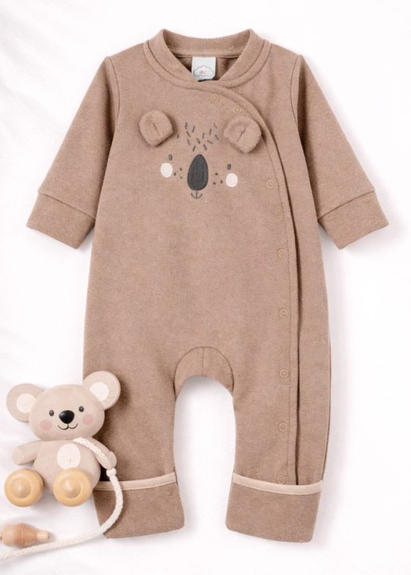 Macacão Bebê Veludo Com Bordado Koala e Botões Frontais