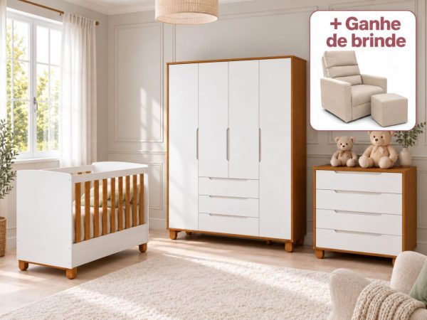 Quarto de Bebê Elfe Apolo Reller | Guarda-Roupa 4 Portas, Cômoda e Berço Apolo -  Branco Fosco Com Savana