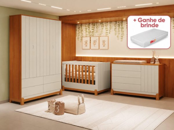 Quarto de Bebê Lotus Reller | Guarda-Roupa 4 Portas, Cômoda Sapateira e Berço - Areia Com Savana