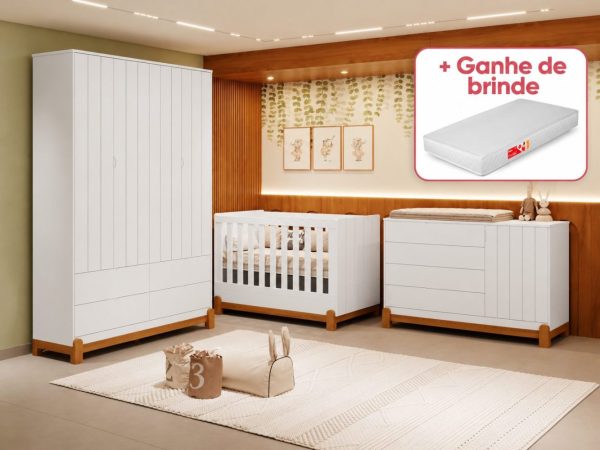 Quarto de Bebê Lotus Reller | Guarda-Roupa 4 Portas, Cômoda Sapateira e Berço - Branco Fosco