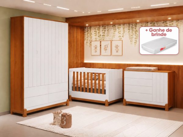 Quarto de Bebê Lotus Reller | Guarda-Roupa 4 Portas, Cômoda Sapateira e Berço- Branco com Savana